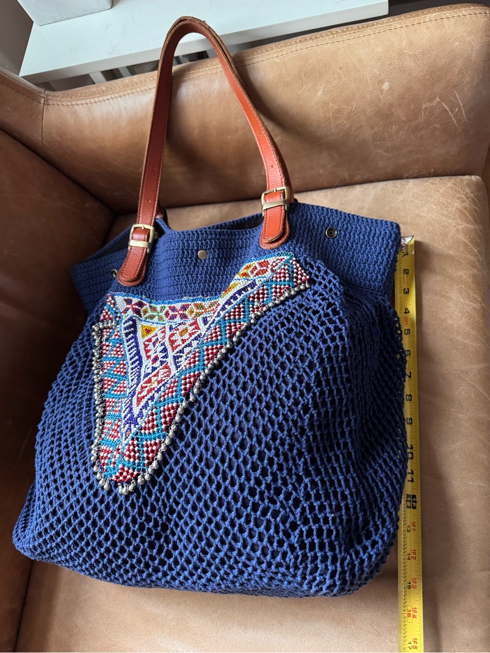 Elliot Mann Crochet Tote w Beaded bells fringe tassel net mesh summer leather - Picture 7 of 17